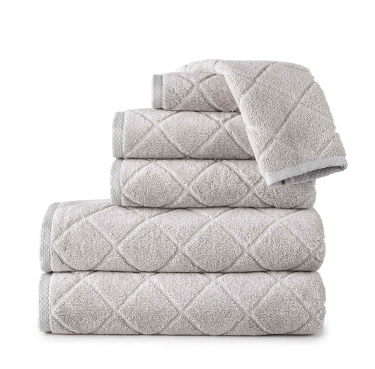 stack of gray lattice diamond pattern bath towels
