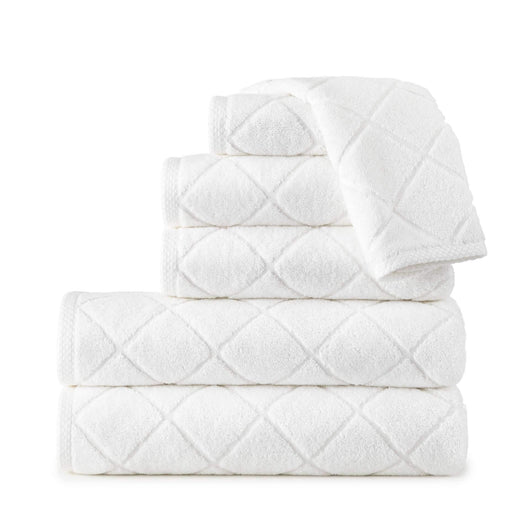 white stack of diamond sculpted pattern bath towels